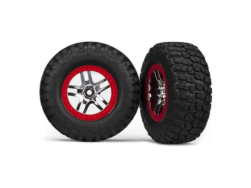 Traxxas koleso 2.2/3.0", disk SCT Split-Spoke strieborný-červený, pneu KM2 (2) (2WD predné) [TRA5877A]