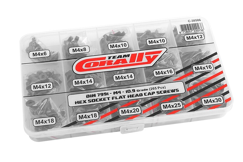 Team Corally Imbus šrouby s zápustnou hlavou - sada/box - M4 - ocelové černé, 265 ks. - C-38506 - expresní doprava